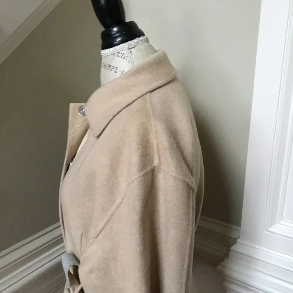 Lafayette 148 Wool Cashmere Reversible Jacket Womens Large Gray Tan Belted Coat